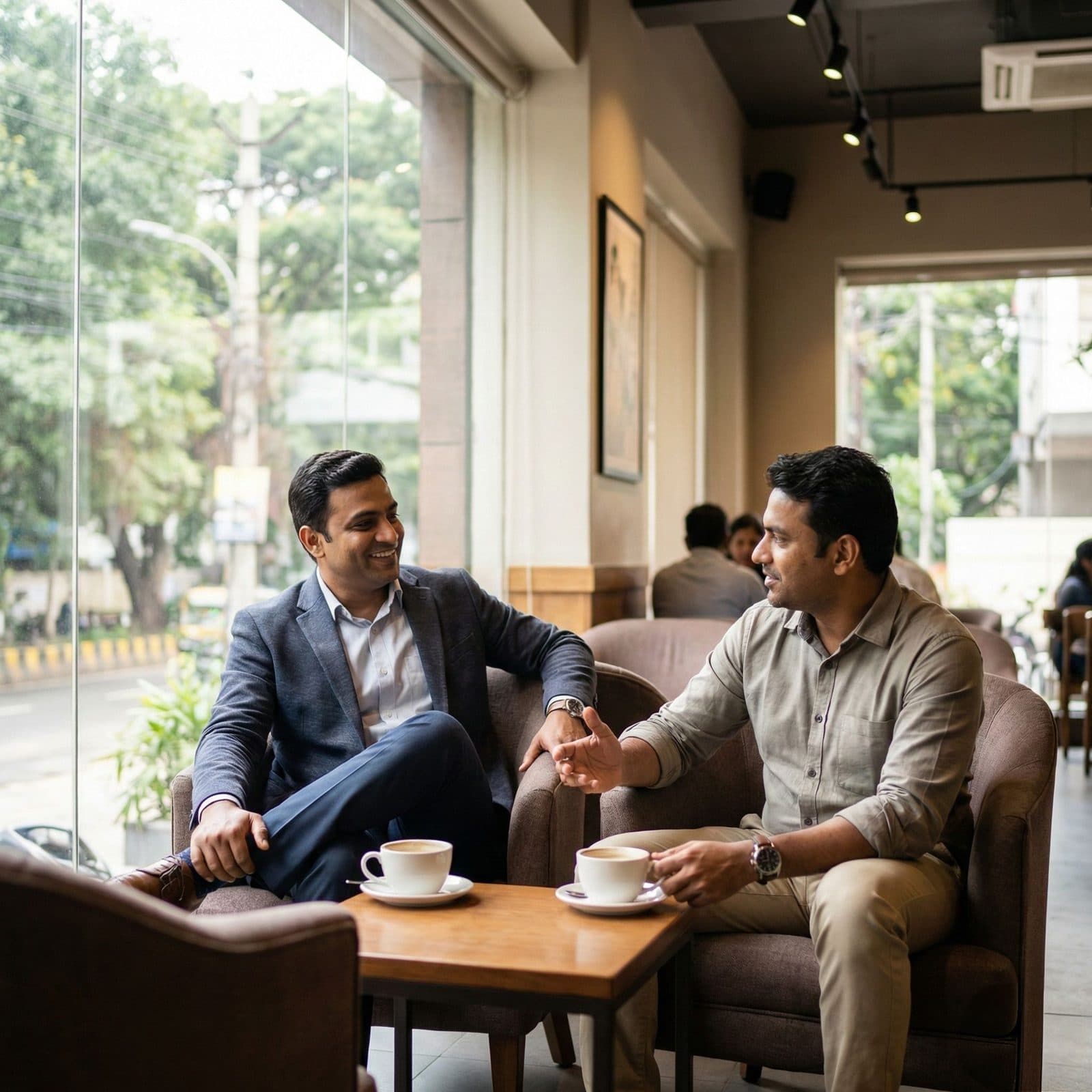 Two people talking over laptops in a coffee shop, the setting for customer interviews