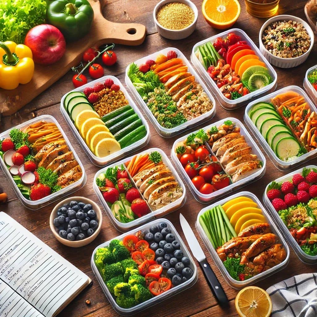 Colorful healthy meal prep containers lined up on a counter