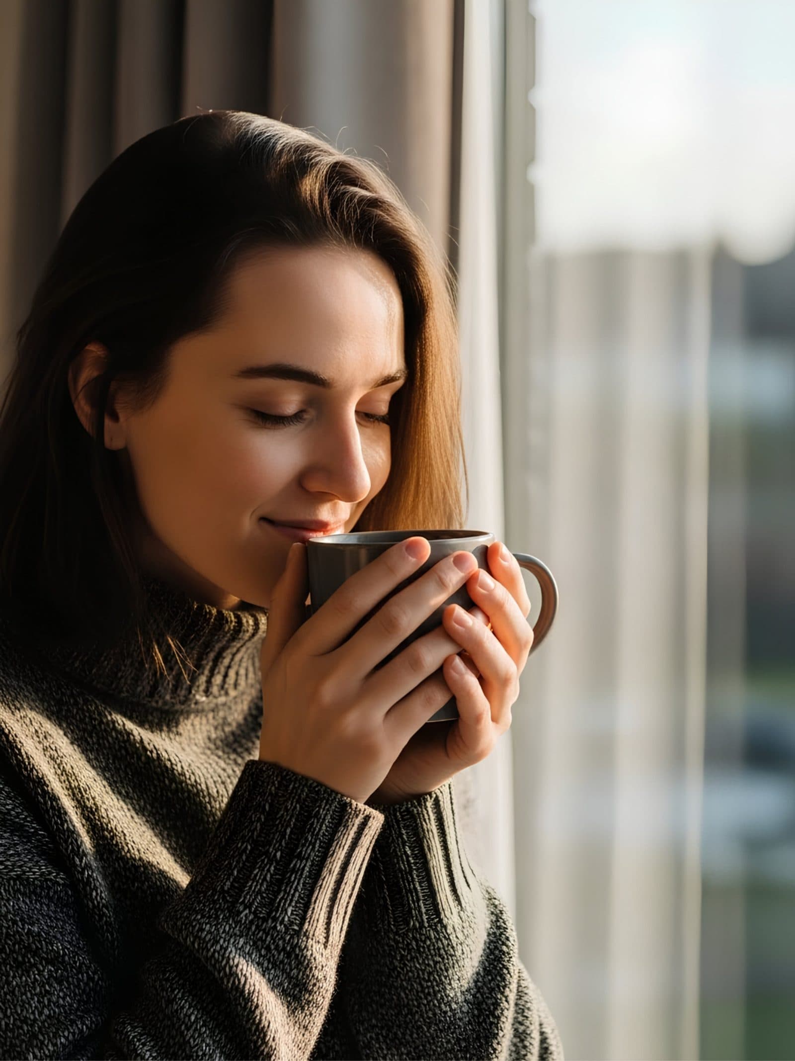 Taking a quiet coffee break by a sunlit window
