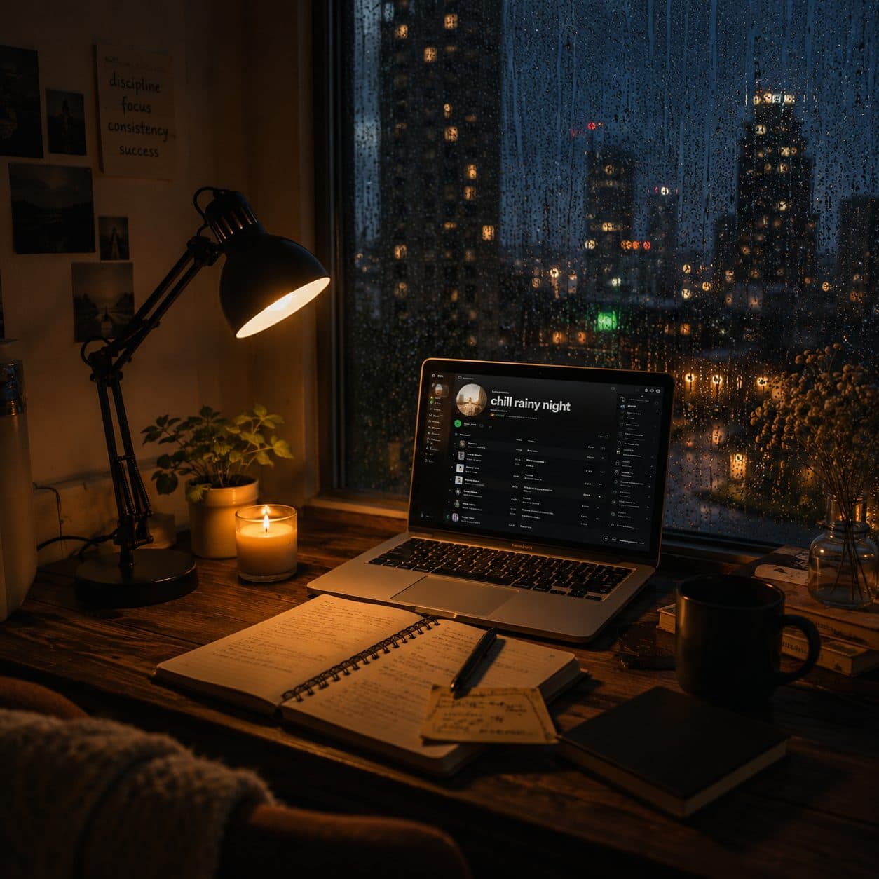 Working on a laptop at night under a desk lamp