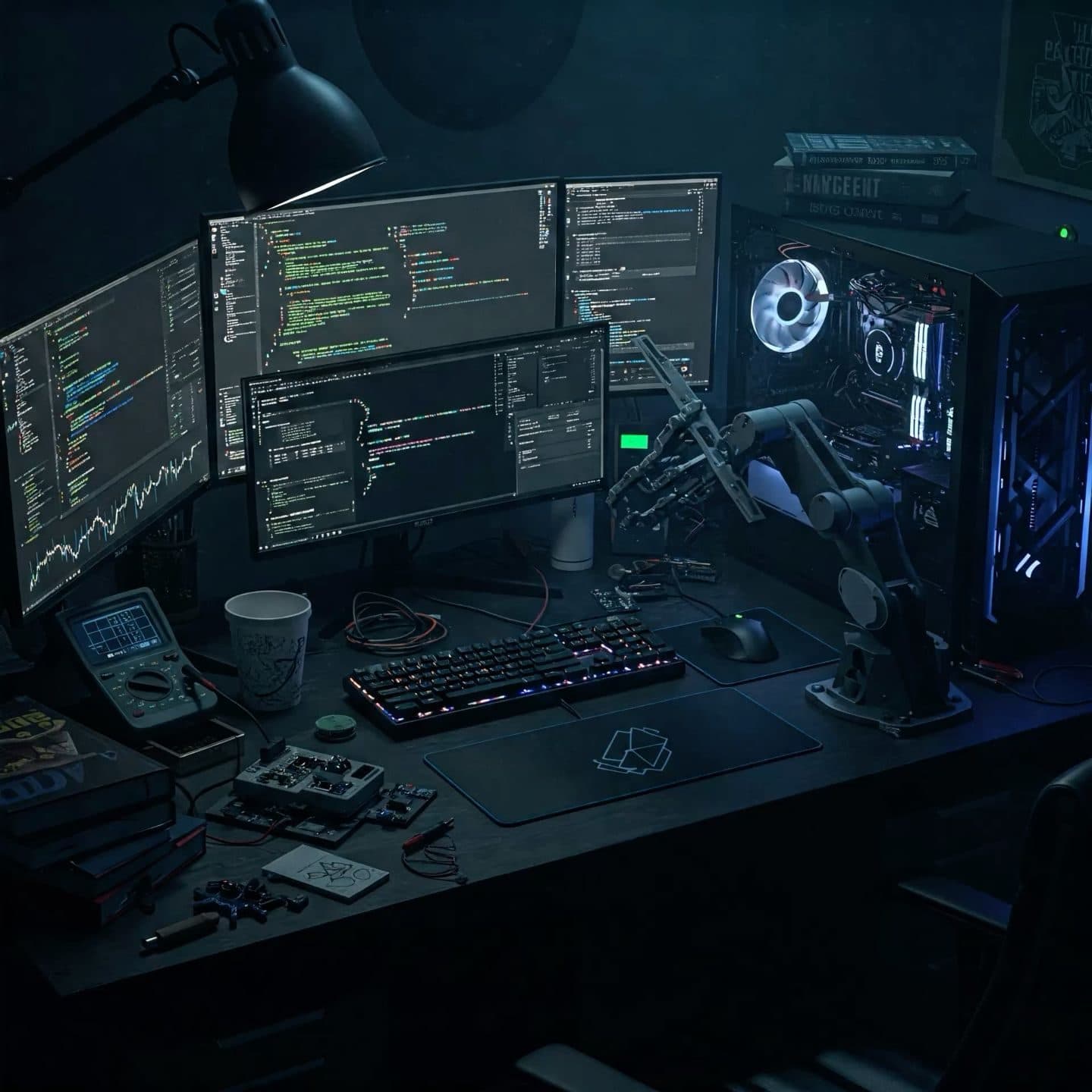 A developer's desk setup with code on the monitor